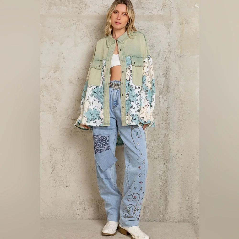 #30 New! Pol Gorgeous Sage Lace Shacket with detailed ruffled sleeves - Picture 5 of 6